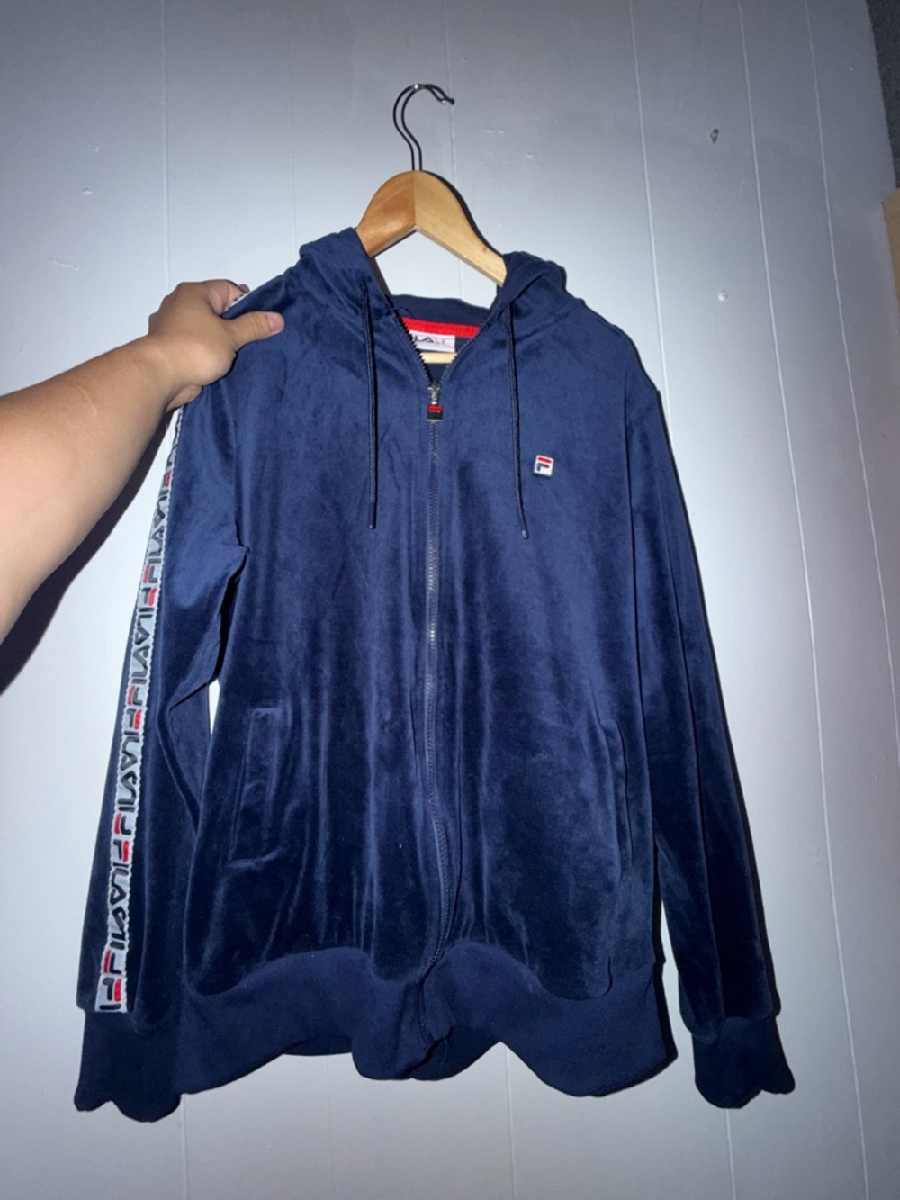 Women Fila Navy Velour Zip-Front Hoodie with Sleeve Logo Tape